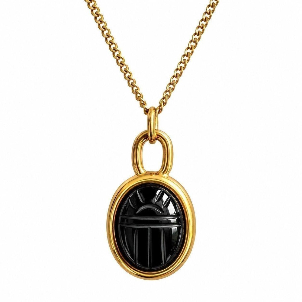 Vintage Black Gold Scarab Necklace Genuine Stone Beetle Pendant 1970s